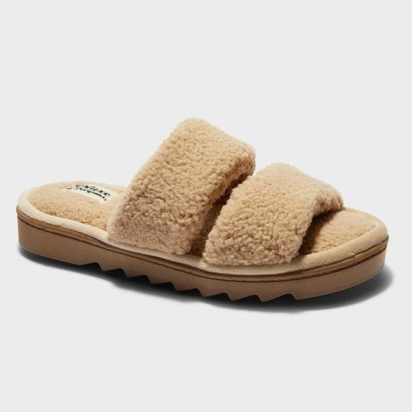 Women's dluxe by dearfoams Eliana Teddy Double Band Slide Slippers, Tan - Picture 1 of 3